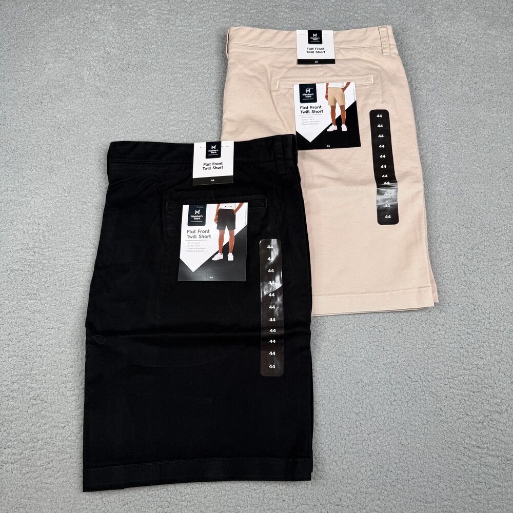 Members Mark Flat Front Twill Shorts Men 44 Lot 2 Khaki Black Stretch Cotton NWT